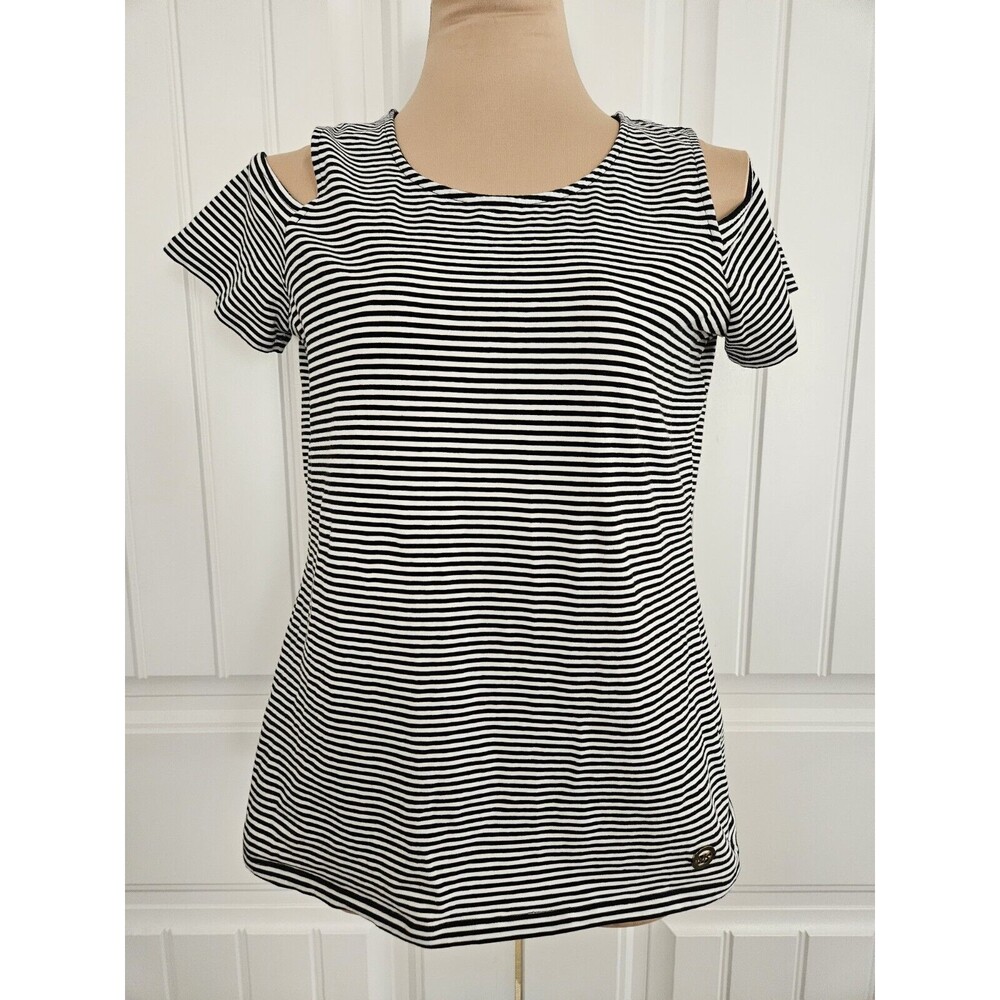 Michael Kors Striped Cold Shoulder Black/White Top Women M Logo A123